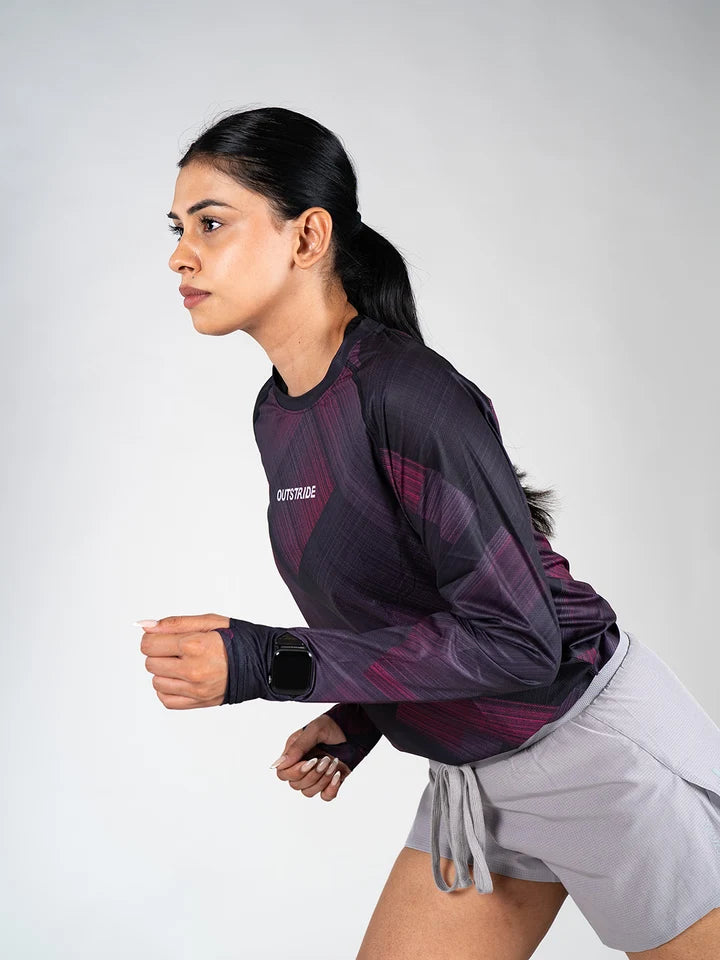 Long Sleeves Running Women Tee (Pink-black)