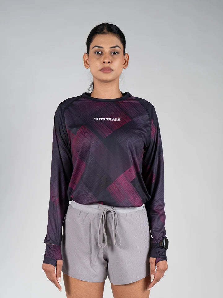 Long Sleeves Running Women Tee (Pink-black)